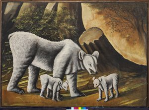 En björn med björnar av Pirosmani, Niko (1862-1918). Olja på vaxduk, storlek: 100x139