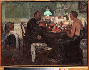 Chez le medecin (At The Doctor) - Målning av Nikolai Alexandrovich Yaroshenko (Yaroshenko) (1846-1898), olja på duk, rysk konst