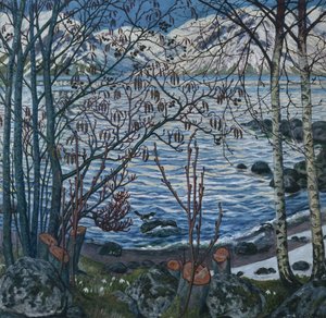 Fågel på sten (målning) av Nikolai Astrup