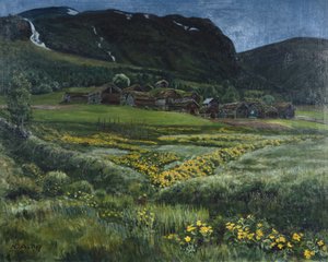 Juninatt och gamla västnorska gården (olja på duk) av Nikolai Astrup