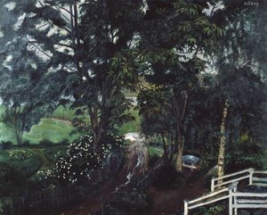 Regnig atmosfär under träden på Jolster prästgård av Nikolai Astrup