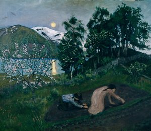Vårnatt i trädgården, Nattarbete i trädgården av Nikolai Astrup