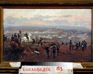 Attack on the Green Hills - Episod från Krimkriget (1853-1856) - Målning av Nikolai Dmitrievich Dmitriev Orenbourgsky (Dmitriev-Orenbourgsky eller Dmitriev Orenburgsky eller Dmitriev-Orenburgsky) (1837-1898), olja på trä