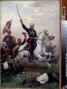 Guerre russo turque (russo-turque) (1877-1878): le General Mikhail F. Skobelev (1843-1882) a cheval lors de la bataille du col de Shipka en 1877 (general Mikhail F. Sobelek till häst) - Peinture de Nikolai Dmitrievich Dmitriev Orenbourgski (Dmitriev-Oren