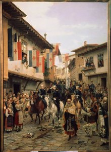 Rysk-turkiska (ryska-turkiska) kriget 1877-1878: "" Storhertigen (storhertigen) Nicholas Nikolaievitch av Ryssland (Nicholas Nicolaievich den äldre) (1831-1891) vid Veliko Tarnovo den 06/03/1877 i Bulgarien" " Målning av Nikolai Dmitrievich Dmitriev Orenbu