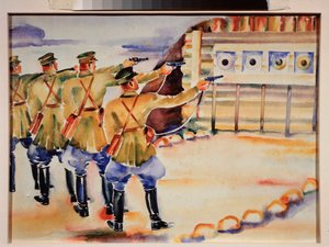 Skjutövningsplatsen (En rad soldater tränar på mål) - En plats för målträning - Verk av Nikolai Dmitrievich Prokhorov (1896-1942), akvarell på papper, omkring 1930 - Rysk konst, 1900-talet, sovjetisk konst - Regional Art Mu av Nikolai Dmitrievich Prokhorov