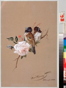 Two Birds On A Rose - Verk av Nikolai Yegorovich Sverchkov (Nicolas Swertschkoff) (1817-1898), akvarell och bläck på papper