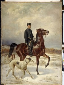 Jägaren (Jägaren). Till häst och i sällskap av sina Barzoi-hundar (rysk vinthund). Målning av Nikolai Yegorovich Sverchkov (Nicolas Swertschkoff) (1817-1898), olja på duk. rysk konst