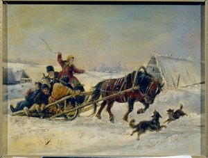 Mardi Gras (fastelavn). (Efter festligheterna följer en kvinna med de berusade männen på hennes hästdragna släde). Målning av Nikolai Yegorovich Sverchkov (Nicolas Swertschkoff) (1817-1898), olja på duk. rysk konst