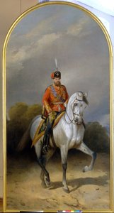 Porträtt av kejsar Alexander III (1845-1894) i uniform av det kejserliga gardets husarregemente. (Porträtt av kejsar Alexander III (1845-1894) i uniformen av Leibgardets husarregemente). Målning av Nikolai Yegorovich Sverchkov