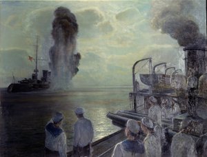 Ryska revolutionen 1917: Den ryska Svartahavsflottan sänker sina egna fartyg den 18 juni 1918. (The self sinking of the Black Sea Fleet den 18 juni 1918). Målning av Nikolai Eviampievich Bublikov (1871-1942), olja på duk av Nikolai Evlampievich Bublikov