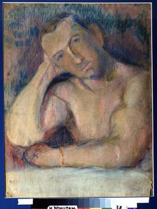 Porträtt av poet Benedikt Livchits (1886-1939) (Porträtt av poeten Benedikt Livshits) - Represente torse nu, la tete penchee, posee dans sa main - Oeuvre de Nikolai Ivanovich Kulbin (Nicolas Koulbine) (1868-1917), pastell på papper