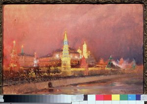 Belysning av Kreml i Moskva. Stadslandskap, med ryska flaggor och folkmassor samlade på kajerna längs Moskva. Målning Nikolai Nikolayevich Gritsenko (1856-1900), olja på duk 1896. Rysk konst, pa av Nikolai Nikolaevich Gritsenko