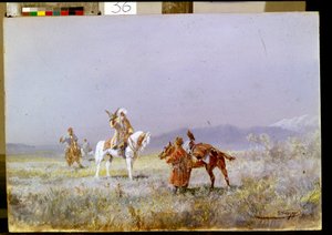 Falkejakt (Falkejakten). Centralasiatiska ryttare tränar falkar för jakt i stäpperna. Målning av Nikolai Nikolayevich Karasin (1842-1908), olja på duk av Nikolai Nikolaevich Karazin