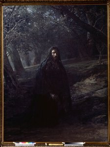 ""Kristus i Oljeträdgården"" Jesus på Oljeberget (eller Getsemanis berg) som dominerar Jerusalem, flyttar sig bort från de sovande lärjungarna för att be, innan han arresteras. Målning av Nikolai Nikolayevich Ge (Gay) (1831-1894) 1869-1880 State Tre