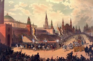 Kröningsalbum av tsar Alexander III av Ryssland (1845-1894) och kejsarinnan Maria Feodorovna (Dagmar av Danmark) (1847-1928) - Alexander III:s ceremoniella inträde på Röda torget (från kröningsalbumet) av Karasin, Nikolai Nikolayevich