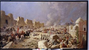 Den ryska armén invaderar Samarkand (Uzbekistan) (Den ryska armén invaderade Samarkand). Period av rysk expansion till Centralasien, ryssarna tar Samarkand 1868. Målning av Nikolai Nikolayevich Karasin (1842-1908), olja på duk 1888. Konst