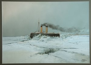 Det ryska isbrytarskeppet Iermak (Icebreaker Yermak) - Verk av Nikolai Nikolayevich Karasin (1842-1908), akvarell och vitt på papper (45,4x76 cm)