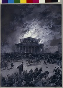 Bolsjojteaterns brand i Moskva (Ryssland), 11 mars 1853 (Folkmassans rörelse framför byggnaden och brandmännens ankomst) - Verk av Nikolai Nikolayevich Karasin (1842-1908), gouache på papper - rysk konst , andra hälften av 1800-talet - St