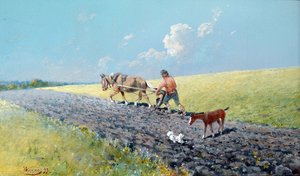 ""plogar"" Bonde som plöjer sina åkrar, Ryssland Målning av Nikolai Nikolayevich Karasin (1842-1908) 1899 Dim 16,5x27,5 cm Privat samling