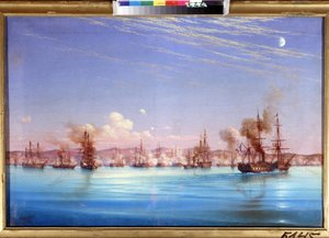 Bombningen av Sebastopol av den fransk-brittiska skvadronen 1854. (Bombardementet av Sevastopol från den brittiska franska skvadronen 1854). Avsnitt av belägringen av staden från 1854 till 1855, under Krimkriget mellan koalitionen av ottomanska imperier, f av Nikolai Pavlovich Krasovsky