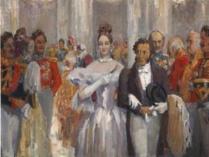 Alexander Pushkin med sin fru på balen.