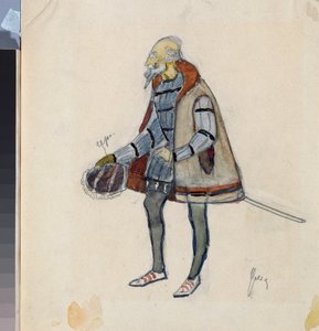 Förberedande kostym, The Miserly Knight, för teaterpjäsen ""The Avare Knight"" av Alexander Pushkin (1799-1837) (Dräktdesign för teaterpjäsen The Miserly Knight av A Pushkin) - Verk av Nikolai Pavlovich Ulyanov (Ulyanov) ( 1875-1949), cra