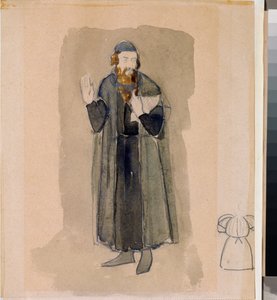 Förberedande kostym, ockraren, till teaterpjäsen ""Avare-riddaren"" av Alexander Pushkin (1799-1837) (Dräktdesign för teaterpjäsen Den snåla riddaren av A Pushkin) - Verk av Nikolai Pavlovich Ulyanov (Ulyanov) (1875) -1949), penna och