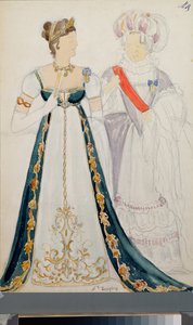 Förberedande kostymer, två kvinnor, för operan ""Eugene Oneguine"" av Piotr Tchaikovsky (1840-1893), penna och akvarell på papper