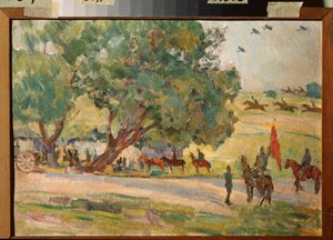 Militära manövrar i närheten av Moskva (Manövrar nära Moskva) - Verk av Nikolai Pavlovich Ulyanov (Ulianov) (1875-1949), olja på kartong
