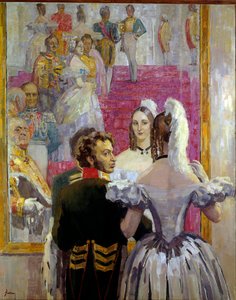 Den ryske poeten Alexander Pushkin (Pushkin) (1799-1837) och hans fru Natalia Gontcharova (Goncharova) vid Anichkof Palace Ball. Målning av Nikolai Pavlovich Ulyanov (Ulyanov) (1875-1949)