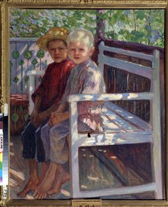 Barn (Barn). Två barn, det ena med blont hår, det andra med brunt hår, sitter barfota på en bänk i solen. Målning av Nikolai Petrovich Bogdanov Belsky (Bogdanov-Belsky) (Bogdanov Belsky) (Bogdanov-Belsky) (1868-1945). Olja på duk
