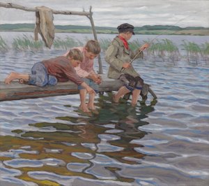 Pojkar som fiskar vid en pir