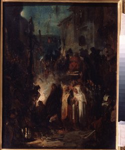 Autodafe (Autodafe). Gatubild, på natten, efter dom av inkvisitionsdomstolen, samlas folkmassan och kyrkligheten runt elden. Verk av Nikolai Petrovich Lomtev (1816-1859), olja på kartong. rysk konst av Nikolai Petrovich Lomtev