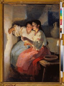 Spådom på julafton (Två unga flickor kastar skuggor med levande ljus på en vägg) - Julaftonsspådom - Målning av Nikolai Kornilovich Pimonenko (1862-1912), olja på duk