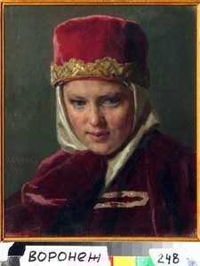 Boyar Woman (boiard, boiar) (Boyars fru). Bär traditionella kläder från gamla Ryssland, i storfurstendömet Moskva. Målning av Nikolai Vasilyevich Nevrev (1830-1904), olja på duk