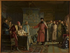 Zakhary Petrovich Lyapunovs gräl (död efter 1612) med tsar Vassili IV Chouisky (1552-1612) i Kreml, av Nevrev, Nikolai Vasilyevich (1830-1904). Olja på duk av Nikolai Vasilievich Nevrev