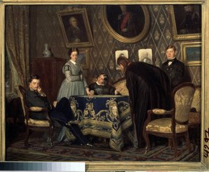 Avdelningen. Karaktärer som såg generade och skamsna ut samlades runt ett bord i en borgerlig interiör. Målning av Nikolai Vasilyevich Nevrev (1830-1904)