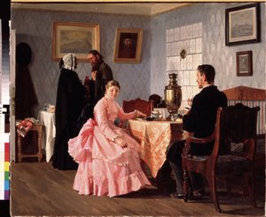 Matchmakingen. Möte organiserat kring en kopp te, för att organisera ett ungt pars bröllop. Målning av Nikolai Vasilyevich Nevrev (1830-1904), olja på duk