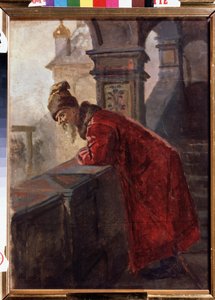 En bojar (bräda, boiar) i traditionell klädsel i slutet av 1500-talet-början av 1600-talets Ryssland (Boyar on the Porch) - Målning av Nikolai Vasilyevich Nevrev (1830-1904) - Olja på duk - State Regional I Pozhalostin Art Museum , Ryazan