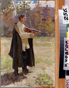 House sång. Soldat spelar fiol. (Hemsång. Soldat som spelar fiol). Målning av Nikolai Alexeyevich Kasatkin (Kasatkin) (1859-1930), olja på duk