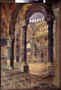 Hagia Sophia (Hagia Sophia) i Konstantinopel (Istanbul, Turkiet) (Hagia Sophia i Konstantinopel). Interiörvy av moskén, bysantinsk arkitektur. Målning av Nikolai Alexeyevich Kasatkin (Kasatkine) (1859-1930), olja på duk, sent 1800-tal. Konst