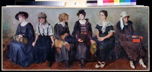 Teatertrupp (Teatertrupp). Porträtt av sex unga kvinnor sittande sida vid sida, med olika uttryck. Målning av Nikolai Alexeyevich Kasatkin (Kasatkin) (1859-1930), olja på duk