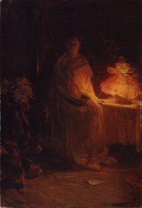Ett brev (A Letter). En ledsen kvinna, med ett mycket melankoliskt ansikte, i nattlinne, nära en sänglampa, håller i ett brev vars kuvert har fallit på golvet. Målning av Nikolai Alexeyevich Kasatkin (Kasatkin) (1859-1930), olja på duk