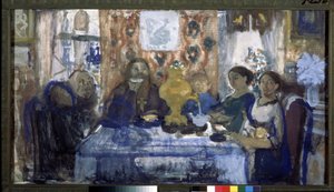 Dricka te. En familj samlades runt ett bord med en samovar i mitten. Verk av Nikolai Nikolayevich Sapunov (Sapunov) (1880-1912), tempera på kartong