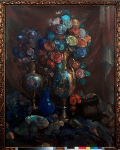Nature morte (Vaser, fleurs et fruits) - Stilleben (Vaser, blommor och frukter) - Konstverk av Nikolai Nikolayevich Sapunov (Sapunov) (1880-1912), tempera på duk