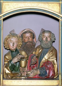 Träsniderier av SS. John, Andrew och Peter, från predella av Isenheim altartavla, ca 1490 (målat trä)