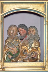 Träsniderier av SS. Paul, Matthew och Thomas, från predella av Isenheim altartavla, ca 1490 (målat trä)