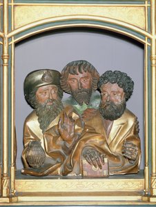 Träsniderier av Jakob den store, Simon och Thaddeus, från predella i Isenheim-altartavlan, ca 1490 (målat trä)