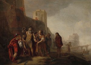 Alexander den stores legater investerar trädgårdsmästaren Abdalonymus med insignierna för kungadömet Sidon, c.1645-c.1650 (olja på panel)0